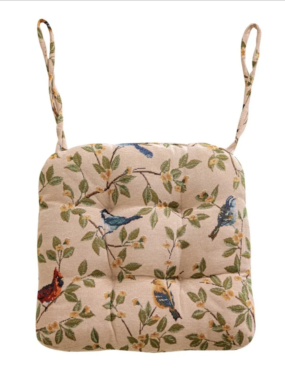 ‘Birds in Nature’ Tufted Chair Cushion with Ties  16x16x2” BEIGE (1-Count)